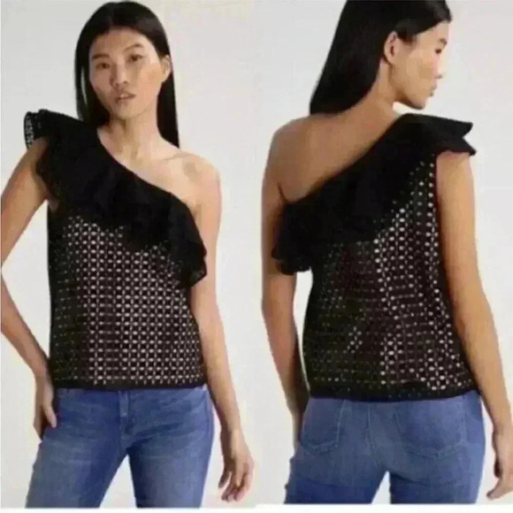 J. Crew Size 0 One Shoulder Eyelet Black Ruffle Top Style - Picture 1 of 10